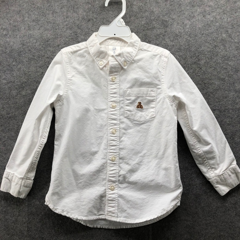 Gap Boys 5T White Oxford Shirt Long Sleeve Organic Bear Embroidered Button